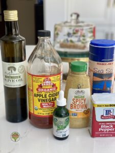 Ingredients for a homemade salad dressing in single server portion